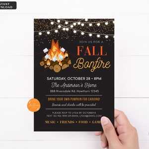 May include: A black and gold printable invitation for a fall bonfire party. The invitation features a campfire with marshmallows, string lights, and the text "Join us for a Fall Bonfire". The event is scheduled for Saturday, October 28th at 8 PM at The Anderson's Home, 888 Riversdale Rd, Hawthorn 12345. Guests are asked to bring their own pumpkin for carving. S'mores and drinks will be provided. RSVP to Lydia by October 8th by text or email. The invitation also includes the text "Music, Friends, Food, Game".