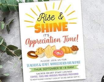 Breakfast Appreciation Invitation Rise and Shine Thank you Staff Employee Teacher Invitation, Breakfast Brunch Event EDITABLE Flyer Template