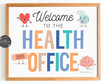 Peut inclure: Une affiche imprimable colorée qui dit "Bienvenue au bureau de santé". L'affiche présente des personnages de dessin animé d'un cœur, un bandage, un rouleau de papier mouchoir et un cerveau.