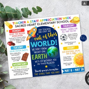 Weltraum Thema Lehrer Wertschätzung Woche Reiseplan Poster Digitale Wochenplan Veranstaltungen, pto pta Fundraiser Ausdrucke EDITIERBARE Vorlage DIY