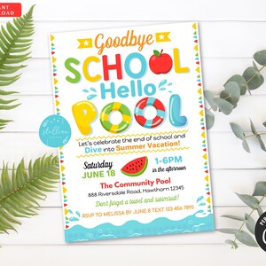 INVITACIÓN EDITABLE A LA FIESTA EN LA PISCINA DE FIN DE ESCUELA, Goodbye School Hello Pool Party, Invitación digital imprimible, Invitación a la barbacoa en el patio trasero, Splish Splash