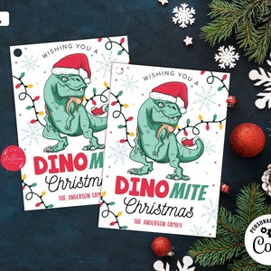 Bewerkbare kerst dinosaurus tags, wens je een Dino-mite kerstvakantie tag, kid classroom school leraar personeel kerst kinderen kerst