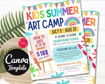 Folleto editable de campamento de arte de verano para niños, Campamento de maestros de pequeños artistas, Invitación de marketing, Plantilla de CANVA imprimible para escuela primaria, secundaria y preparatoria