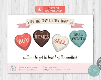 Puede incluir: Una tarjeta de visita rosa y blanca con un diseño en forma de corazón. La tarjeta dice "Cuando la conversación gira hacia..." y presenta cuatro corazones con las palabras "Comprar", "Casas", "Vender" y "Bienes Raíces". La tarjeta también incluye el texto "¡Llámame para ir al corazón del asunto!" y la información de contacto de Miranda Rose Jones.