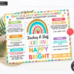 Make This School So Bright & Happy Rainbow Boho Theme EDITABLE Teacher Appreciation Week Itinerary, Schedule Events Printable DIY TEMPLATE
