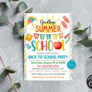 Addio Summer Hello School Flyer, Back to School Party, modello fai-da-te MODIFICABILE, Piscina per feste di classe, Festa in classe per insegnanti, Barbecue in cortile