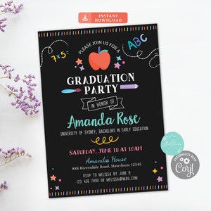 Editable Teacher Graduation Invitation, College Graduate, Apple Invite, Education Teacher Graduate, Chalkboard Printable, INSTANT DOWNLOAD