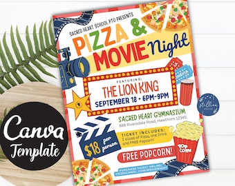May include: A colorful flyer for a Pizza & Movie Night event hosted by Sacred Heart School PTO. The event features The Lion King, takes place on September 18th from 6pm to 9pm at the Sacred Heart Gymnasium, and costs $18 per person. The flyer includes images of pizza, popcorn, and a movie ticket.