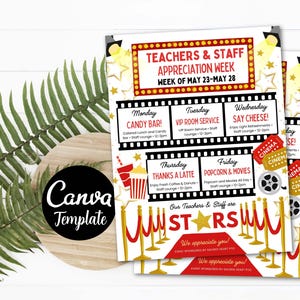 Editable Movie Hollywood Theme Teacher Appreciation Itinerary, VIP Appreciation Week Schedule Events Teachers are Stars CANVA Template Gold