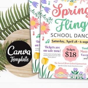 Editable Spring Fling School Dance Set, Invitation, Flyer Party Invitation Easter Event Church Community Event CANVA Template Colorful