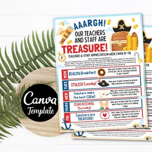 Editable Pirate Themed Teacher Appreciation Week Itinerary Take Home Flyer Beach Theme Appreciation Week Schedule Events CANVA Template Diy