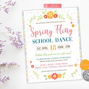 EDITABLE Spring Fling School Dance Set, Invitation, Flyer Party Invitation Easter Event Church Community Event, pto, pta, INSTANT DOWNLOAD