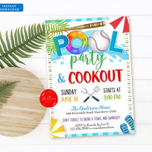EDITIERBARE Sommer Pool Baseball Party Einladung Back to School, Baseball Team BBQ Schulabschluss Jungen Pool Geburtstagsparty Printable Invite