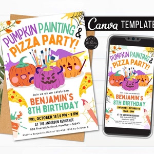 Editable Halloween Pumpkin Painting and Pizza Party Invitation, Pumpkin Patch Farm, Fall Autumn Birthday Party Invite CANVA Template evite