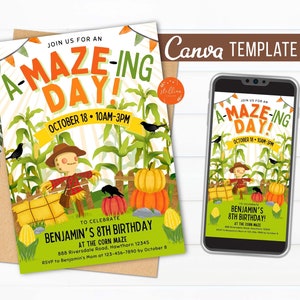 May include: An invitation for Benjamin's 8th birthday at a corn maze. The design features a scarecrow, pumpkins, and corn stalks. The text reads "A-MAZE-ING DAY!" and includes the date and time. A smartphone displays the same invitation.