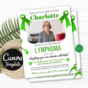 Editable Green Ribbon Benefit Fundraiser Flyer, Lymphoma Benefit Fundraiser Flyer, Charity Church Benefit Fundraiser Poster CANVA Template