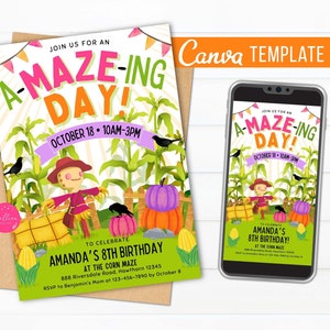 May include: A colourful invitation for a birthday party at a corn maze. The invitation features a cartoon scarecrow, corn stalks, pumpkins, and the text "A-Maze-ing Day!" Amanda's 8th Birthday at the Corn Maze. 18 October, 10am-3pm. 888 Riversdale Road, Hawthorn 12345. RSVP to Benjamin's Mum at 123-456-7890 by 8 October.