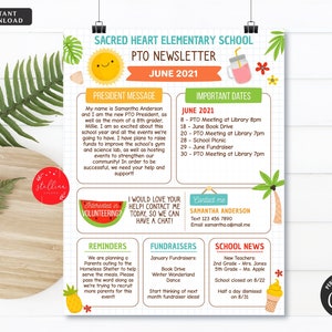 Junio PTO PTA Newsletter Flyer, Folleto imprimible de verano, Agenda de reuniones del calendario del año escolar, Plantilla EDITABLE del organizador escolar, Arco iris