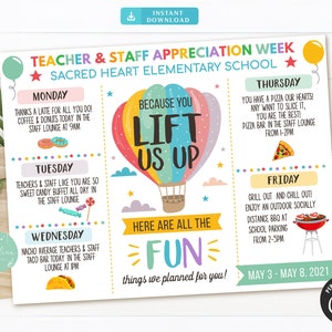 EDITABLE Lift Us Up Teacher and Staff Appreciation Week, Itinerary Poster, Digital File, Schedule Events, INSTANT DOWNLOAD Fundraiser flyer