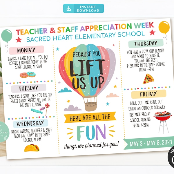 EDITABLE Lift Us Up Teacher and Staff Appreciation Week, Itinerary Poster, Digital File, Schedule Events, INSTANT DOWNLOAD Fundraiser flyer