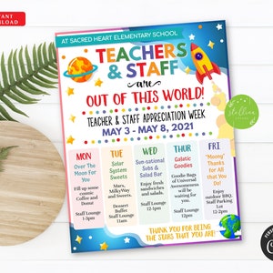 EDITABLE Space Thema Lehrer Wertschätzung Woche Reiseroute Poster digitale Woche Zeitplan Veranstaltungen, pto pta Fundraiser Printables INSTANT DOWNLOAD
