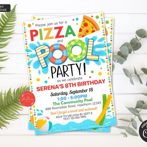 BEWERKBARE Pizza en Pool Party Uitnodiging, Einde van schoolfeest, Afdrukbare uitnodiging terug naar school, Zomer Kids Boys Pool Verjaardag, DIY SJABLOON