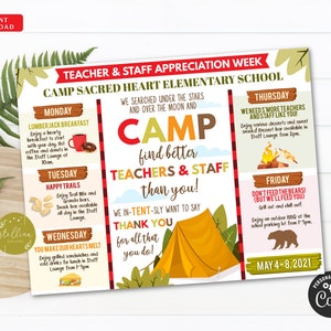 EDITABLE Camp Themed Teacher Appreciation Week Itinerary Poster, Printable Outdoor Wilderness Appreciation Schedule Events, INSTANT DOWNLOAD