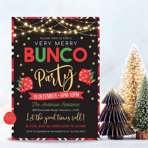 Holiday Merry Bunco Dice Party Invitation, Christmas Bunco Party Invitation, Adult Xmas Cocktail Party, Holiday Printable EDITABLE  Invite