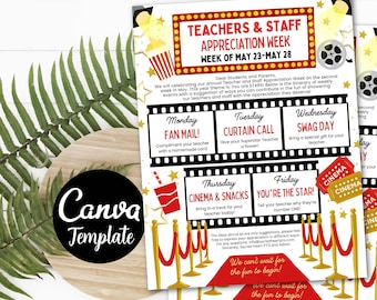 Editable Movie Hollywood Theme Teacher Appreciation Take Home Sheet VIP Appreciation Week Schedule Events Superstars Teachers CANVA Template