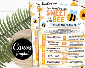 Puede incluir: Un horario imprimible de la semana de apreciación del profesorado con un tema de abejas. El horario incluye sugerencias diarias para que los alumnos demuestren su aprecio a los profesores, como traer regalos de abejas, escribir cumplidos y dar palmadas. El texto dice "Nuestros profesores son tan dulces como las abejas" y "Semana del 23 al 28 de mayo".