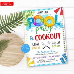 EDITABLE End of School Pool Party Invitation, Pool Party and Cookout, Pool Side Printable Digital Invite, Backyard bbq Invite, Splish Splash