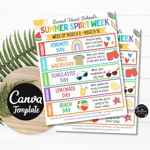 May include: A colourful printable poster for Sacred Heart School's Summer Spirit Week, 8th-18th March. Each day has a theme: Kindness Day, Dress Wacky Day, Sunglasses Day, Lemonade Day, and Beach Day. Each theme has a corresponding activity or dress code.