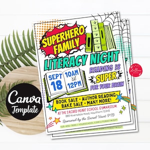 Editable Superhero Family Literacy Night Flyer, Printable PTA PTO Flyer, School Church Fundraiser, Reading Book Sale Event CANVA Template