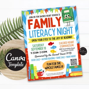 Printable Family Literacy Night Flyer, PTA PTO Flyer, School Church Fundraiser, Children&#39;s Reading Book Sale Event Editable CANVA Template