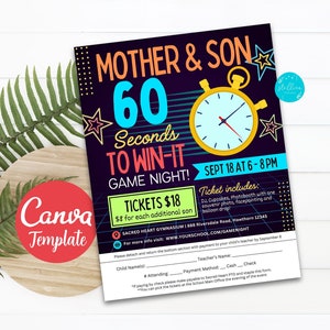 May include: A colorful flyer for a Mother & Son 60 Seconds to Win-It Game Night. The flyer features a retro-style design with a large digital clock and the text "Mother & Son 60 Seconds to Win-It Game Night!"  The event is scheduled for September 18th from 6-8 PM at the Sacred Heart Gymnasium. Tickets are $18 per person, with an additional $8 for each extra son.