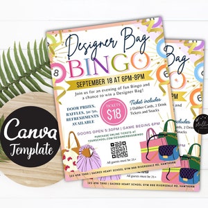 Sac design modifiable Bingo Night Flyer, événement de collecte de fonds pour femmes école Pta Pto famille, collecte de fonds de bingo à l'église communautaire, modèle CANVA bricolage
