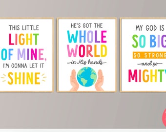 Kinder Bibel Lieder Kunst, Schrift Kunst druckbare Wandkunst Bibel Vers, Sonntagsschule Religion Poster, SOFORTIGER DOWNLOAD 3er Set Wandkunst