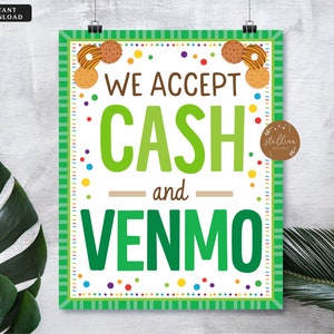 Wij accepteren betalingen sign cash en venmo, bake verkoop cookie booth afdrukbaar, fondsenwerving booth scouts cookie banner, cookie booth poster print
