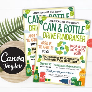 Folleto editable para recaudar fondos de lata y botella, evento de recaudación de fondos de reciclaje de la iglesia escolar imprimible, plantilla CANVA de organización benéfica para deportes de equipo Diy