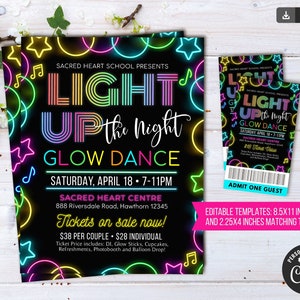 EDITABLE Glow Dance Set School Dance Flyer Party Invite, Church Community Event, Neon Nights High School Dance, pto pta DIY Glow in the Dark