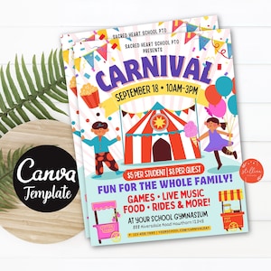 Editable Carnival Flyer, Printable PTA PTO Flyer, School Church Benefit Fundraiser Event Poster, Circus Party Printable CANVA Template Diy