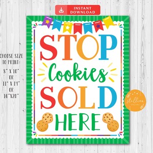 Detener las cookies para la venta, Scout Cookie Booth Signo, Banner de entrega de galletas imprimible, cartel de la cabina de cookies, venta de cookies, señal de parada de cookies, signo scout