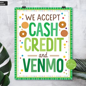 Wij accepteren betalingen ondertekenen cash credit en venmo, bake verkoop cookie booth afdrukbaar, fondsenwerving booth scouts cookie banner, cookie booth poster