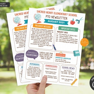 Août PTO PTA Newsletter Flyer, Classroom Printable Handout, School Year Calendar Retour à l&#39;école Meeting Agenda Organizer MODIFIABLE