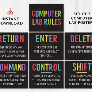 Computer Lab Poster Set, Classroom Decor, Set of 7 Computers Class Decor, Teacher Printables, Classroom Rules Posters, INSTANT DOWNLOAD