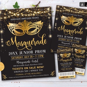 Editierbares Abiball Set, Tanzflyer Einladungskarte Maskenball, Gold Glitzer Formal Gala, High School Event, Pto, Pta Formal Mask template