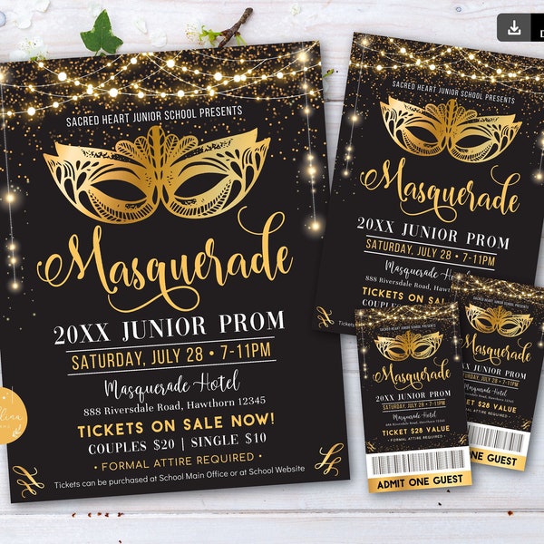 EDITABLE Prom Set, Dance Flyer Invitation Ticket Masquerade Ball, Gold Glitter Formal Gala, High School Event, Pto, Pta Formal Mask Template