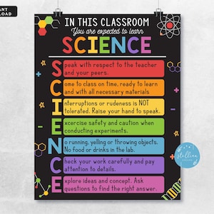 Science Classroom Regels Poster, Science Class Decor, Science Lab Afdrukbare Kunst, Klaslokaal Teken, Wetenschap Leraar Geschenken, INSTANT DOWNLOAD