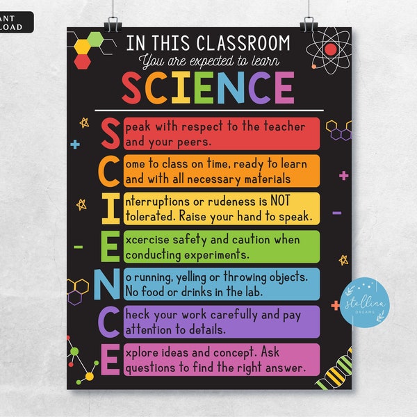 Science Classroom Rules Poster, Science Class Decor, Science Lab Printable Art, Classroom Sign, Science Teacher Gifts, INSTANT DOWNLOAD