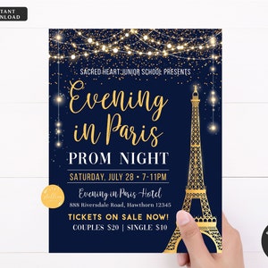 A night in Paris Prom Flyer, School Dance Flyer Digital Invite, An Evening in Paris, High School Dance Event, pto, pta DIY Instant EDITABLE